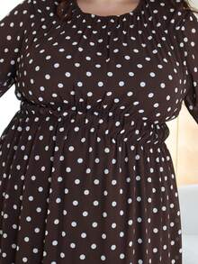 Pretty and Ole Plus Size Women Polka Dot Print Round Neck Lantern Sleeve Casual Dress For Spring, Spring Outfits Dress For Women Elegant Vacation - Coffee Brown - View 6