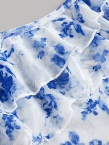 Girlism Kids Tween Girls Summer White Blue Floral Mesh Camisole Asymmetrical Hem Fishtail Skirt Set,Casual Cute Cute Comfortable Holiday Beach Vacation Outfit - Blue and White - View 5