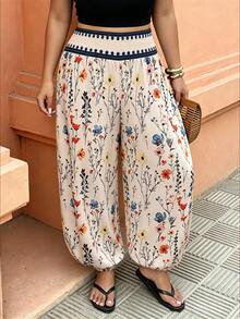 SHEIN LUNE Quần ống loe cạp chun dành cho nữ cỡ lớn, quần dài thoải mái cho kỳ nghỉ, họa tiết hoa thời trang, thích hợp cho mùa hè. - Nhiều màu - Xem 3