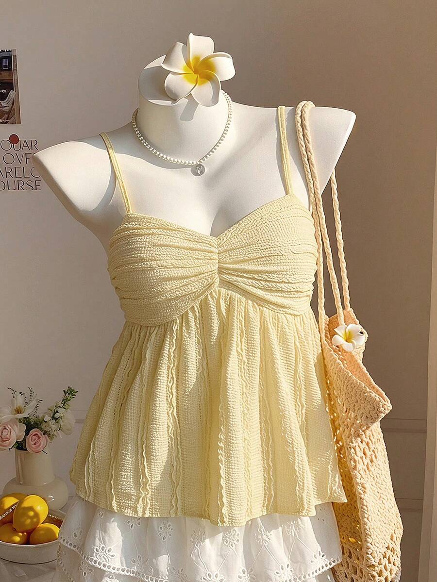 SHEIN Teen Girls' Summer Casual Vacation Cream Yellow Textured Knit Ruched Bust Camisole - Yellow - View 1