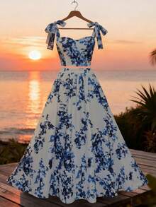 GlowEve Women's Printed Tie-Front Top And Mini Skirt 2 Pieces Set - Blue - View 1