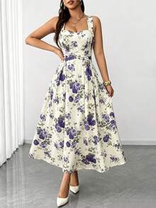 SHEIN Raffinéa Đầm nữ thanh lịch, lãng mạn, in hoa màu tím, chất liệu co giãn cao cấp, dây mảnh, thiết kế buộc eo, nơ thắt sau lưng, eo nhún, thiết kế đa năng phù hợp cho tiệc tùng, lễ hội âm nhạc, thường ngày, kỳ nghỉ, hẹn hò, ngày Valentine, đầm dài ngang gối, mùa xuân/hè, lễ tốt nghiệp, dạ hội, dự tiệc cưới, đầm dài nữ. - Nhiều màu - Xem 6