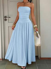 SHEIN EZwear Gaun Bandeau Berkerut Gaya Liburan Kasual Musim Panas untuk Wanita Ukuran Plus, Warna Polos, Kain Bertekstur, - Baby Blue - View 5