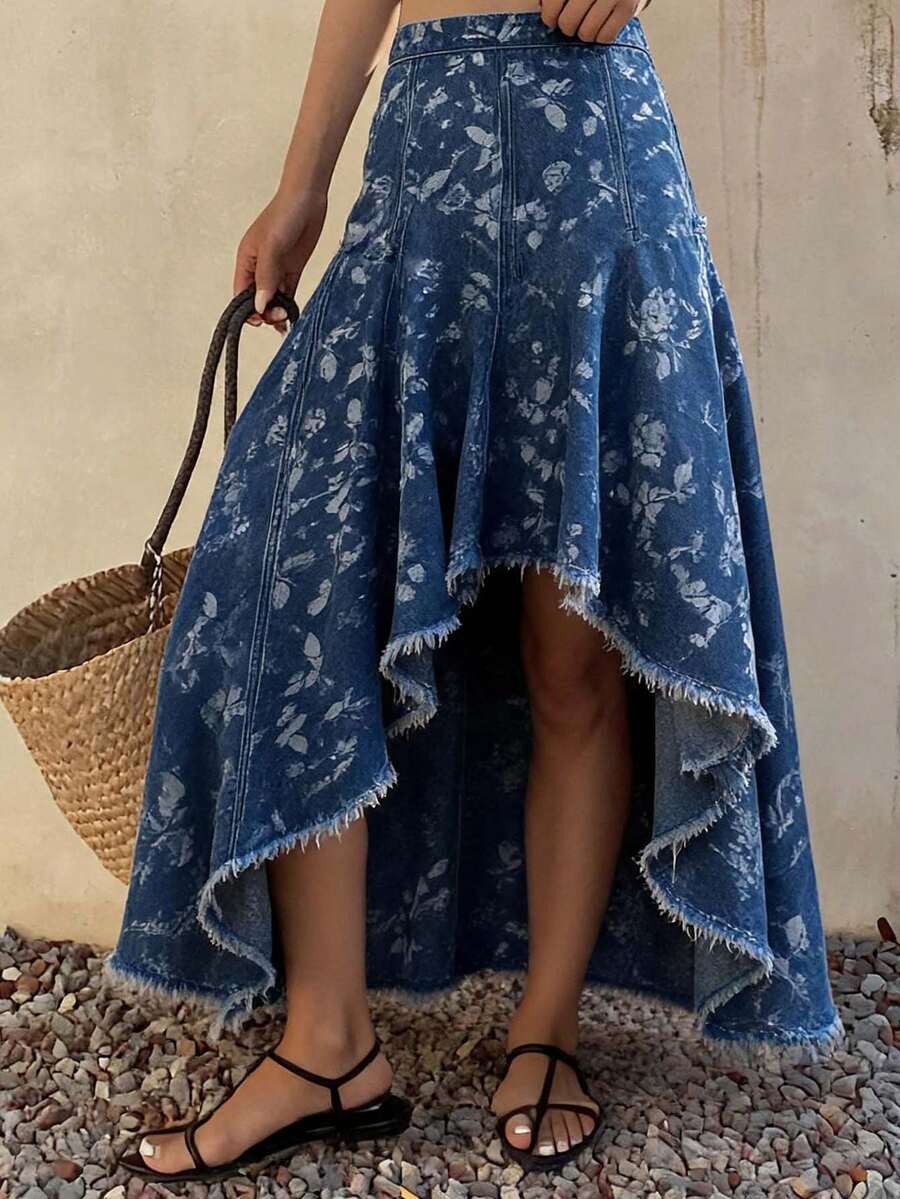 DAZY Chân váy denim mini nữ vạt bất đối xứng gấu sờn, mùa hè - Màu xanh lam - Xem 1