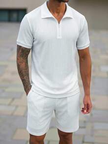 Manfinity Homme 男士纯色短袖 Polo 衫和短裤休闲套装 - 白色 - 查看 5