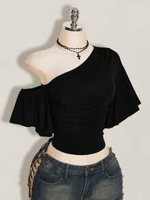 SHEIN ICON Y2k 夏季女款黑色夜店性感外出純色不對稱領短袖側抽繩時尚上衣 - 黑色 - 查看 9
