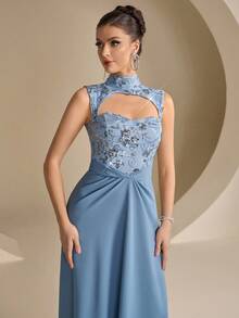 Coutiva Women's Floral Sequin Hollow-Out Formal Evening Gown,Elegant High-End Sleeveless Luxury Party Dress For Wedding,Graduation Ceremony & Ball Ceremony - Dusty Blue - View 5