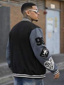 Devon Thys Men's Casual Contrast Color Letter Flocked Patchwork Striped Edge Baseball Long Sleeve Jacket, Autumn Men Streetwear Zip Up Custom Jacket Letterman Jacket Men Varsity Jacket - Dark Grey - View 2