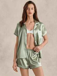 EverLounge Ensemble de pyjama avec lien de contraste en satin - Vert - Voir 6