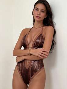 SHEIN Swim 女士时尚深V领露背连体比基尼 - 棕色 - 查看 5