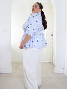 Pretty and Ole Plus Size Striped Collared Ruched Elegant Shirt, Striped Bow Print, Blue Striped Shirt, Ruched Waist, Back Ruched - Blue - View 3