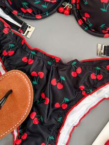 Swim Mod Women's Sweet Cute Floral & Cherry Print Swimsuit Set For Summer Beach Vacation - Black - View 5