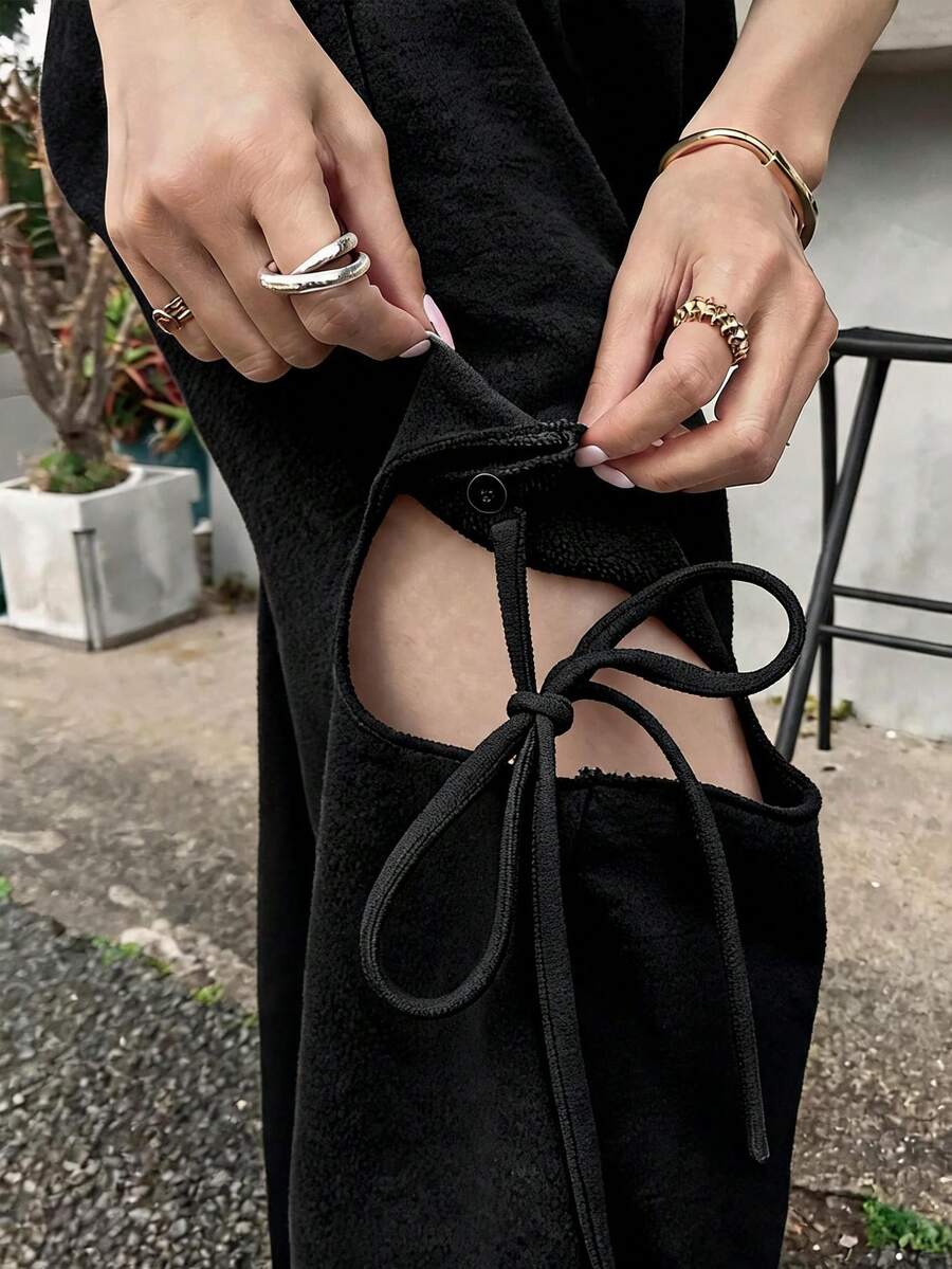 FRIFUL 女士纯色弹力腰镂空抽绳宽松休闲裤 - 黑色 - 查看 1