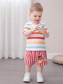 CoComelon X SHEIN Quần bơi trẻ em trai in hình hoạt hình kẻ sọc, có dây rút ở eo. - Đỏ - Xem 2
