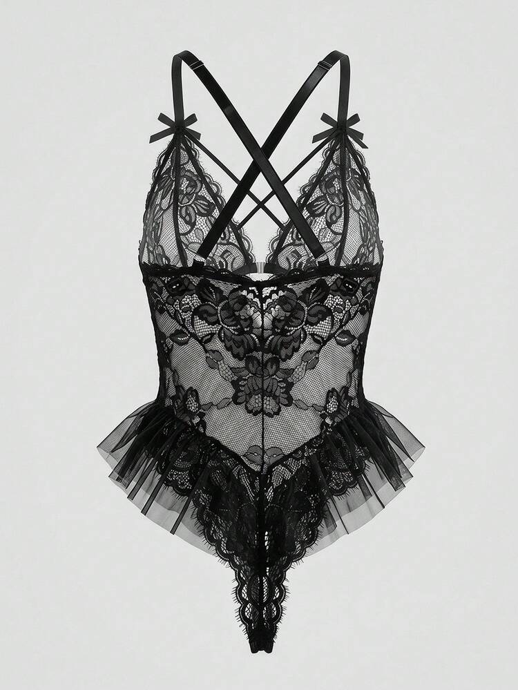 Women's Floral Lace Contrast Mesh Ruffle Trim Sexy Bodysuit