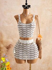 Swim Chiccia 2026 Printemps/Été Marron & Beige Contraste Texture Ondulée Tricot Élégant Resort Plage décontracté Couvre-maillot Pour Femmes - Multicolore - Voir 7