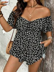 SHEIN VCAY Plus Size Women Elegant Floral Print Sexy Off-Shoulder T-Shirt - Multicolor - View 3