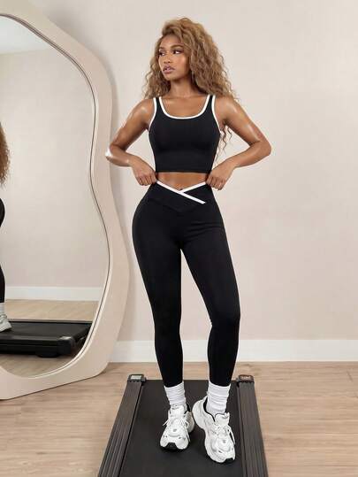 BamGleam Conjunto de 2 piezas de top y mallas de yoga con ribete de color contrastante para mujer, ropa deportiva para mujer, conjunto de ejercicios