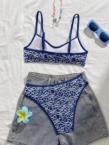 Swim Mod Bộ bikini hai mảnh mùa hè dành cho nữ, kiểu dáng dễ thương, ngọt ngào, chất liệu dệt kim jacquard họa tiết hoa, gồm áo hai dây và áo tam giác cổ chữ V. - Màu xanh lam - Xem 3