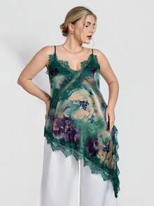 SHEIN Clasi 大码女式蕾丝拼接休闲百搭日常吊带背心 - 綠色 - 查看 4