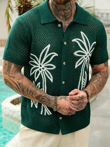 VENTUSAIL Men's Palm Tree Pattern Hollow Out Knit Short Sleeve Top, Holiday - Dark Green - View 6