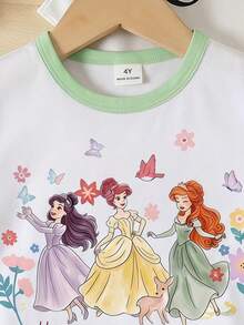 Baju Anak Perempuan Lengan Pendek Kerah Bulat dengan Trim Kontras dan Motif Huruf & Kartun, Pakaian Kasual Sehari-hari - MultiWarna - View 4