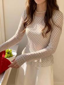 DAZY Women's Polka Dot Sheer Long Sleeve Crew Neck Undershirt, Spring/Summer - Apricot - View 7