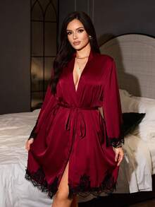SilkySpell Elegant Burgundy Satin Lace Asymmetrical Ruffle Hem Robe, Luxurious Loungewear Night Wedding Autumn - Burgundy - View 7