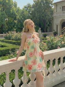 Skyraze Women's Floral Print Decorative Floral Sleeveless Mini Dress, Suitable For Vacation - Light Yellow - View 5