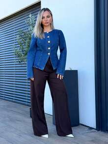 Jeta Ari Áo khoác denim thắt eo kim loại đơn hàng khuy đơn thời trang đường phố dành cho nữ - Rửa tối - Xem 5