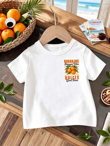 SHEIN Áo thun ngắn tay cổ tròn màu trắng in hình trái cây và chữ cái, dành cho bé trai/bé gái từ 0-3 tuổi, thích hợp cho các hoạt động ngoài trời và mặc hàng ngày. - trắng - Xem 2