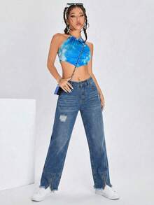 Jean Cut Mom Petite High Shot Straight Chest Light Bottom Closure - Índigo Clásico - View 3