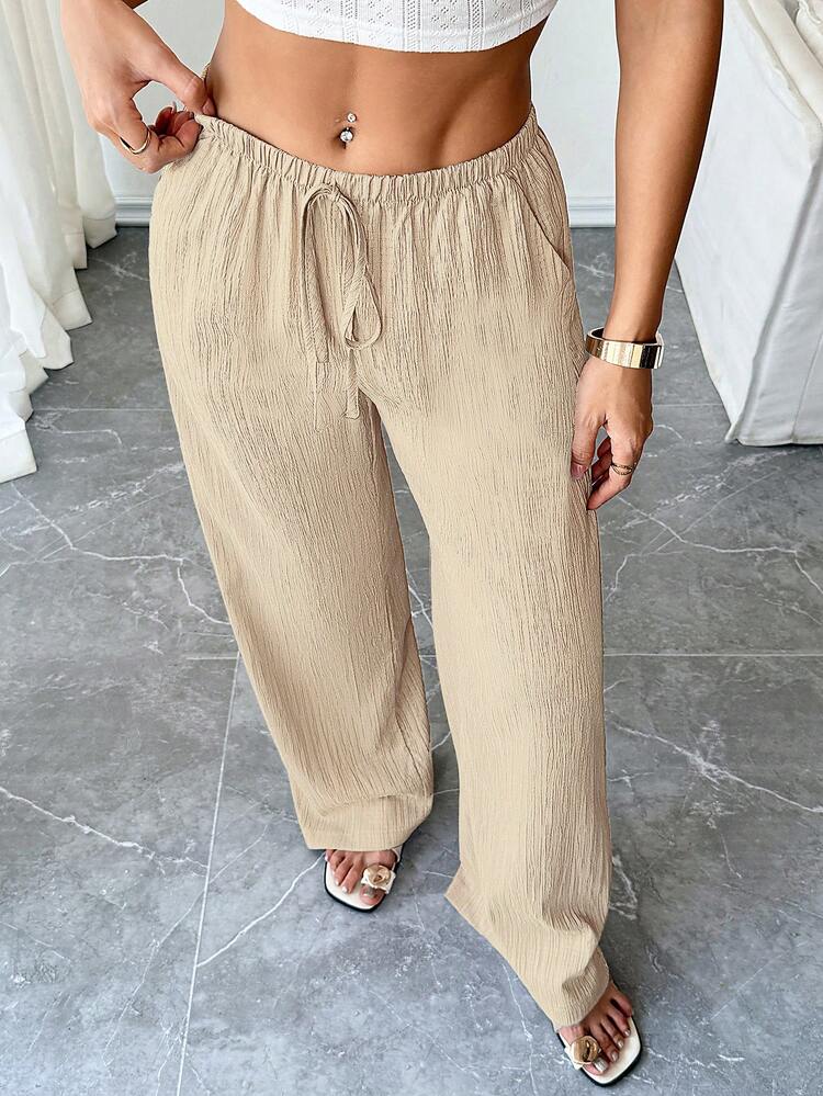 SHEIN Tall Quần ống rộng dáng suông màu trơn, thoải mái, thích hợp cho nữ đi nghỉ mát và đi làm, có túi hai bên. - Vàng nhạt - Xem 5