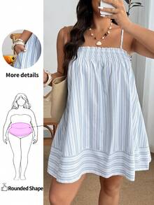 Enliva Plus Size Blue And White Striped Loose Fit Spaghetti Strap Dress With Pockets, For Apple And Rounded Body Shape - Blue and White - View 2
