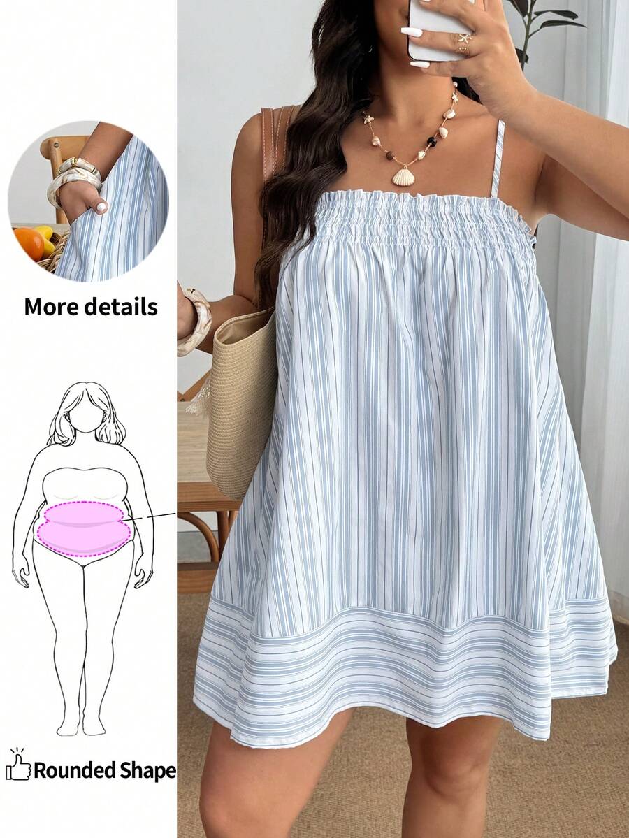Enliva Plus Size Blue And White Striped Loose Fit Spaghetti Strap Dress With Pockets, For Apple And Rounded Body Shape