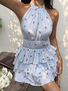 Sunnyshic Women's Spring/Summer Cherry Plaid Dress, Waist-Cinching Flattering Silhouette, Cute Vacation Dress, Cherry Plaid Maiden Dress Vacation Blue Gingham - Blue - View 4