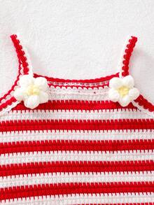 SHEIN Playful Pals 嬰幼女童 0-3歲可愛紅白條紋夏季度假無袖洋裝 3D花卉鳳梨條紋紋理套裝附斜背包 - 紅色 - 查看 3