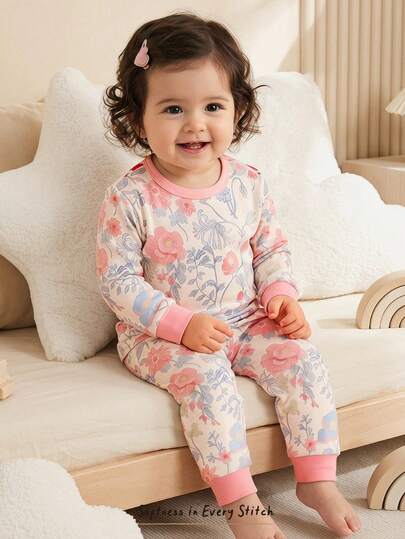 Cozy Pixies Baby Girl Snug Fit Pajama Set, Floral Print Soft Knit Crew Neck Long Sleeve Top And Elastic Waist Leggings