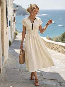 EMERY ROSE Women's V-Neck Short Sleeve Casual Mid-Length Dress - Khaki - View 1