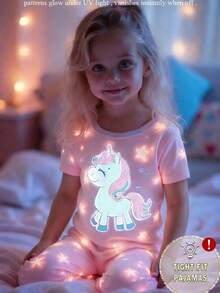 Young Girl' Cute Unicorn & Star Print Contrast Color Knit Elastic Fabric Glow-In-The-Dark Short Sleeve Top And Pants 2 Pieces Pajama Set - Pink - View 6