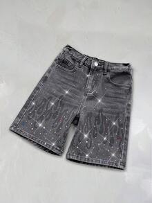 Pantalones cortos de mezclilla con cordón, diseño de diamantes incrustados, holgados y cómodos para niños preadolescentes - Negro - Ver 7