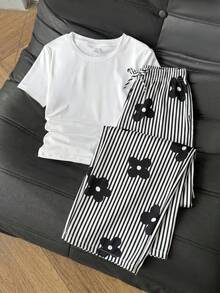 SHEIN Bộ đồ đôi cho bé gái tuổi teen: áo cổ tròn và quần kẻ sọc. - Đen và trắng - Xem 3
