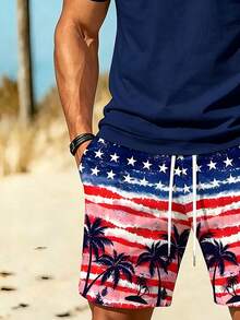 Manfinity RSRT Bộ đồ nam gồm áo thun cổ tròn tay ngắn in hình cây cọ và quần short cạp chun có dây rút, kiểu dáng thường ngày. - Nhiều màu - Xem 5