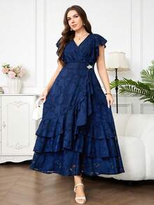 Reflora Vestido elegante de talla grande azul marino para invitada de boda de verano, con cuello en V, patchwork de malla, manga corta, unicolor, vestido formal de fiesta para mujer, madre del novio - Azul - Ver 8