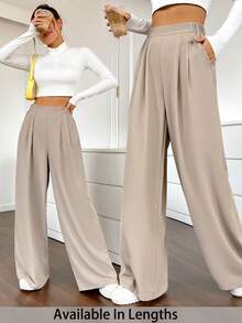 SHEIN Tall CURVE 大码女式高腰褶裥阔腿裤 - 卡其色 - 查看 3