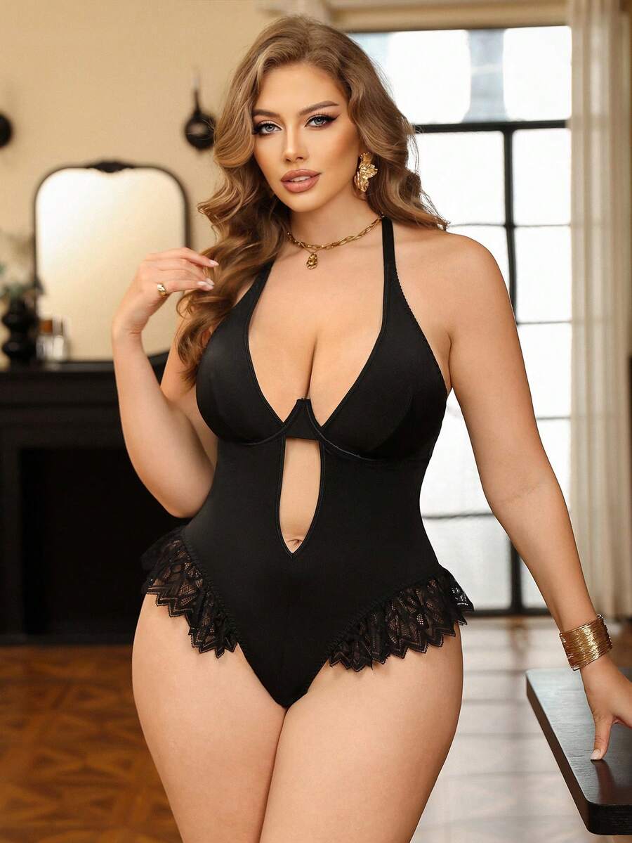 Seduluxe Ropa interior de una pieza sexy con aros para tallas grandes - Negro - Ver 1