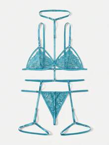 SHEIN 女士花卉蕾丝镂空性感内衣套装 - 水鴨藍 - 查看 2