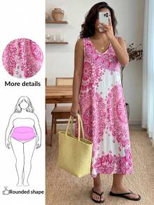 Enliva Jennifer_samantha_style Plus Size Women All-Over Print Sleeveless Dress, For Summer, For Apple Rounded Body Shape - Hot Pink - View 1