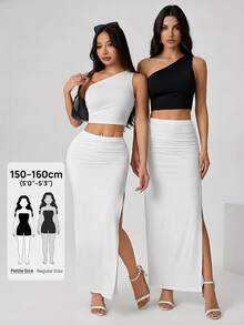SHEIN PETITE 女式休闲纯色褶皱侧开衩白色长裙，夏季 - 白色 - 查看 2