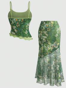 SHEIN 儿童少女复古绿色油画植物印花网纱两件套，美人鱼裙套装 – 非常适合度假、野餐、派对和节日活动。绿色两件套，少女绿色夏季套装，印花裙套装，度假绿色套装，夏季服装。 - 綠色 - 查看 3